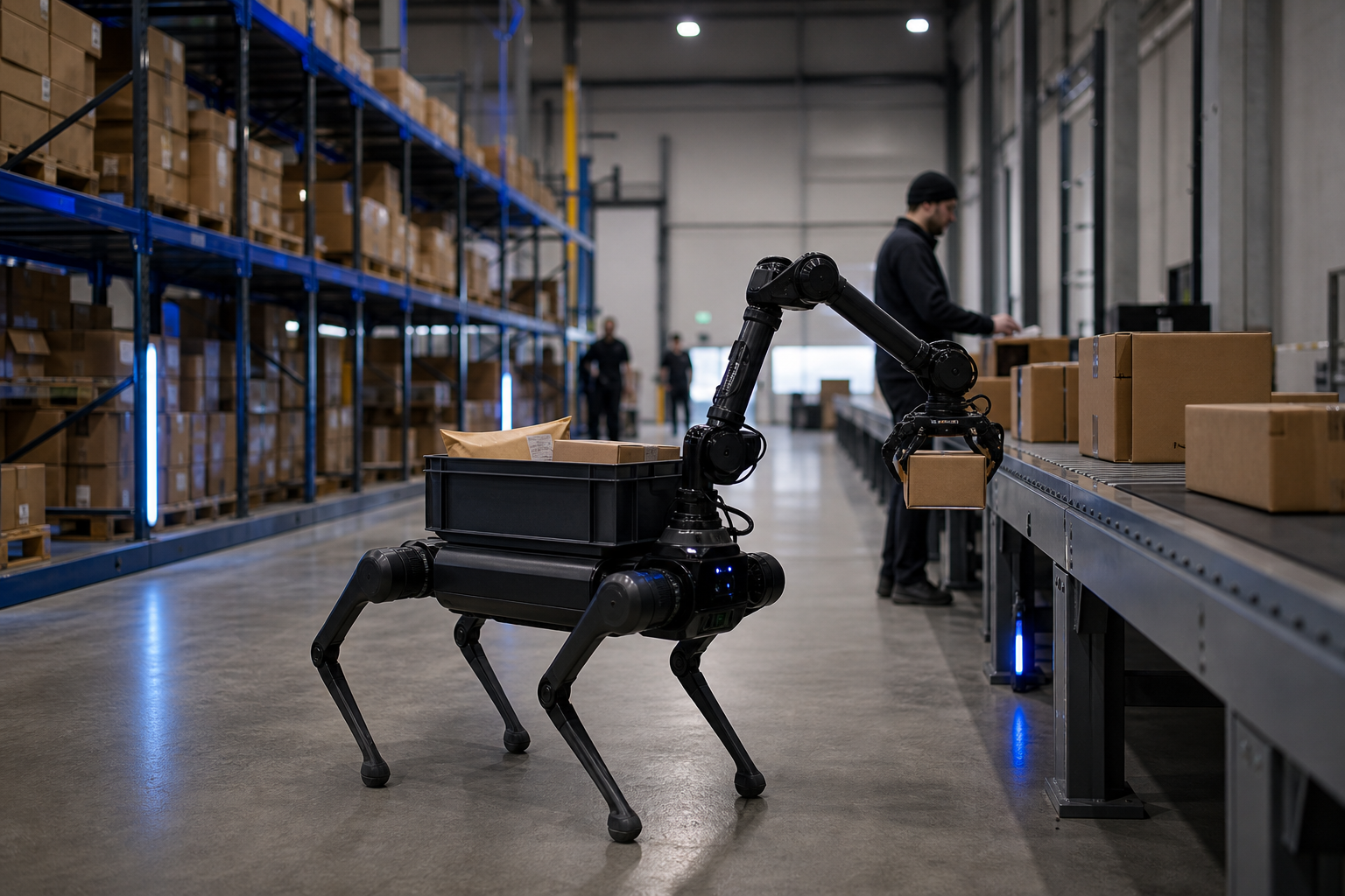 A quadruped or manipulator in a real warehouse/logistics setting — robot mid-task amid shelving or a conveyor, workers visible at distance, industrial lighting, wide angle for scale.