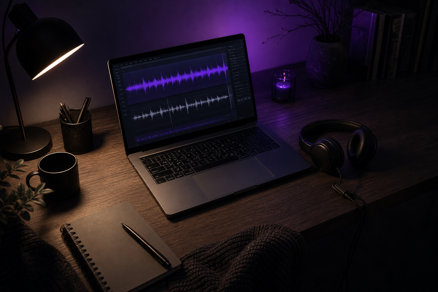 A dimly lit desk at night — a laptop screen glowing with a dark-themed audio waveform editor, headphones resting beside it, a single desk lamp casting long shadows. Shot from a slight overhead angle to feel intimate and isolated.