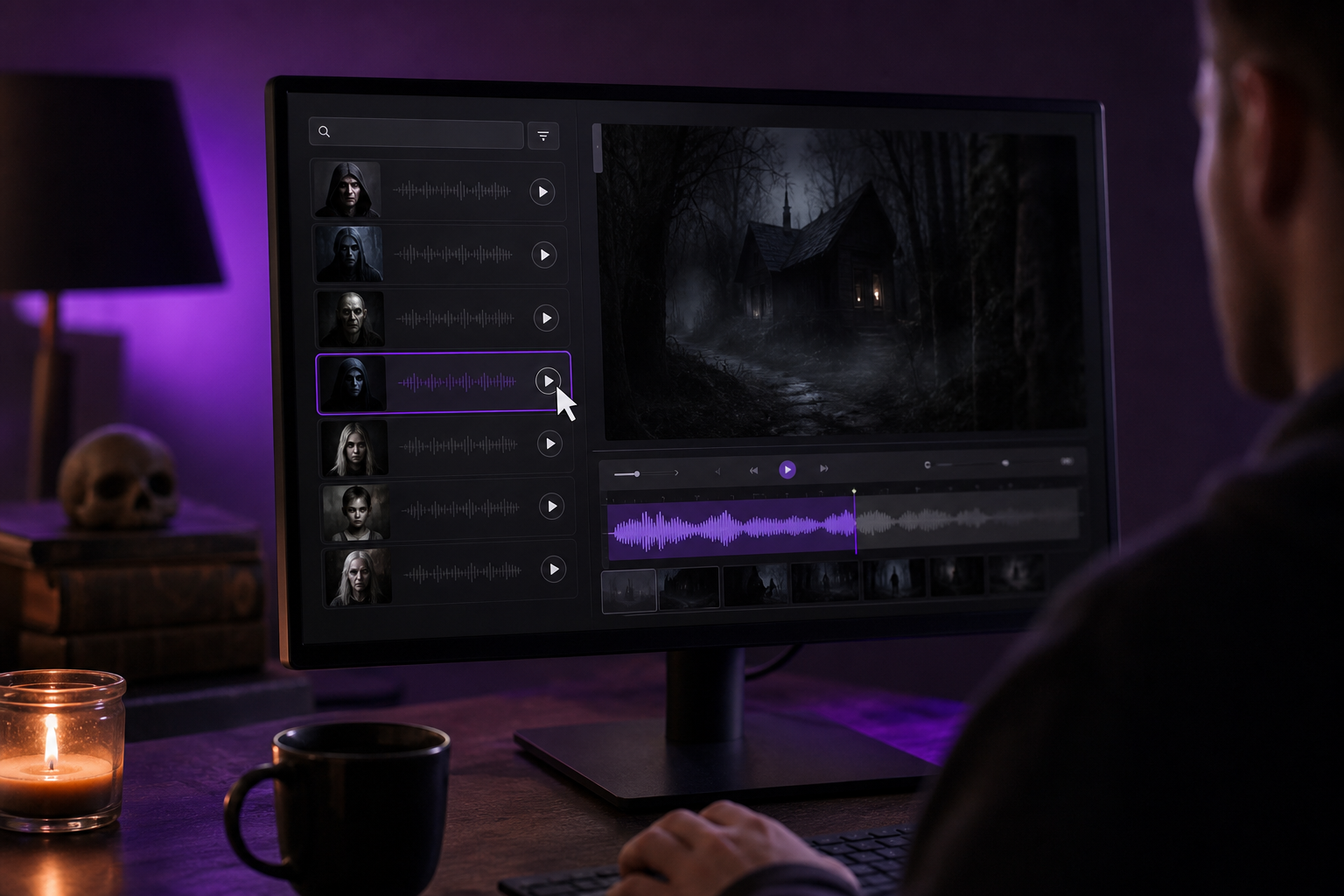A TTS voice-selection interface on screen, dark/horror-themed project open in the editor, a cursor hovering over a voice preview button. Screen-scene shot, moody lighting reflected on the monitor.