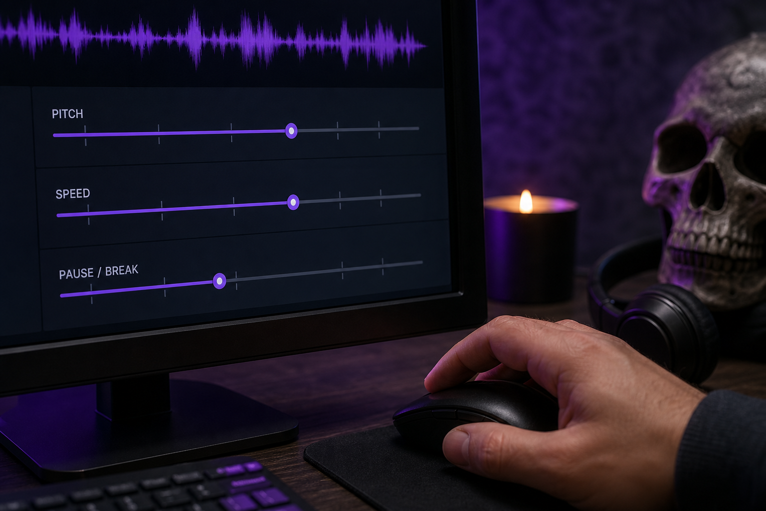 Close-up of pitch, speed, and pause/break controls being adjusted on screen — a hand near a mouse, sliders mid-drag, dark UI. Step shot.