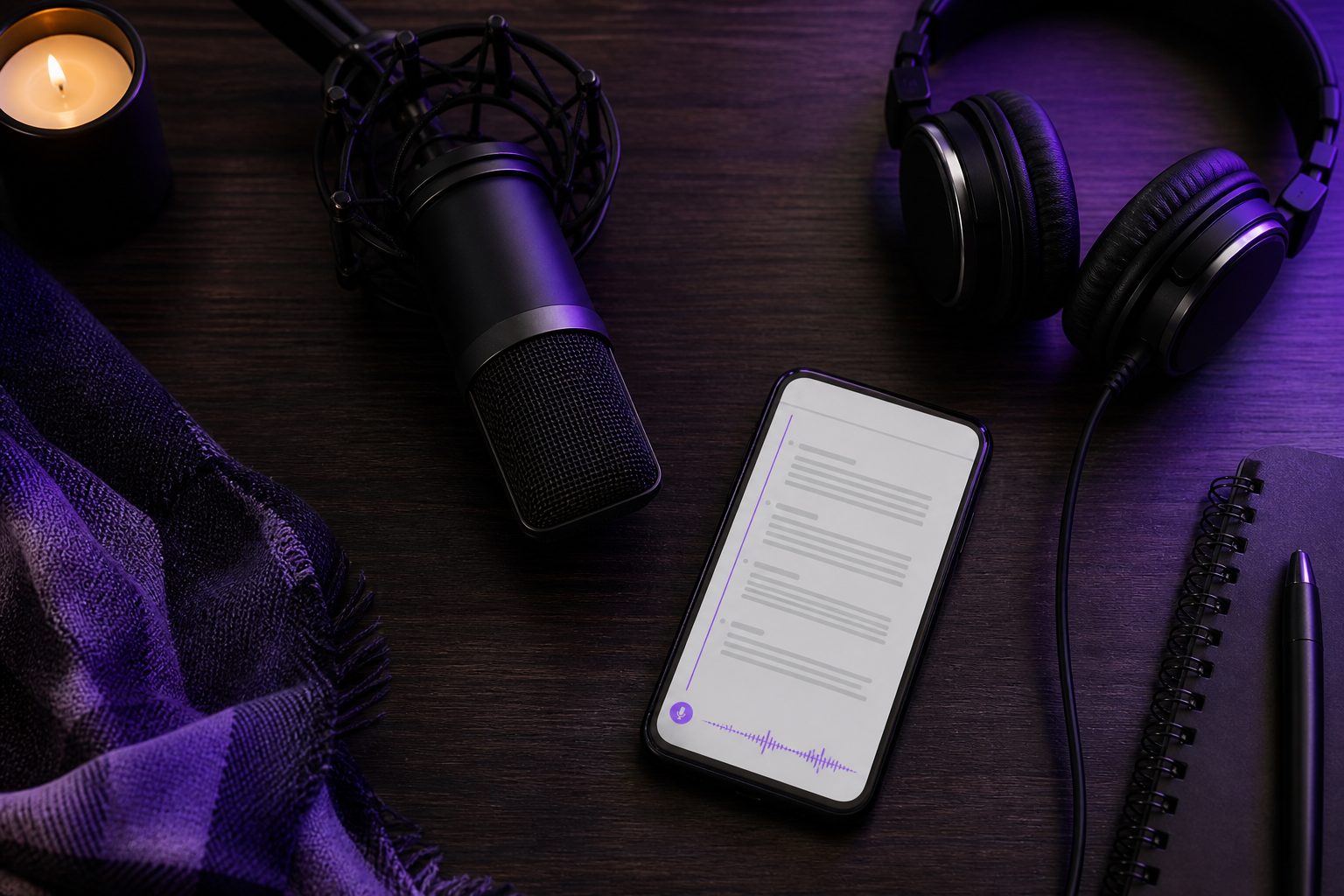 Flat-lay of a recording setup — a condenser mic, headphones, a phone with a notes app open showing a script, all on a dark wood surface under low warm lighting. Top-down angle.