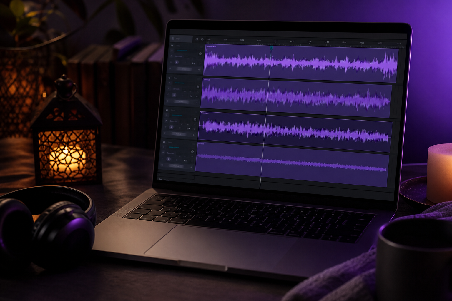 An audio editing timeline on screen showing 3-4 stacked vocal tracks with visible waveforms, one labeled like a whisper layer, dark editor theme. Step scene.