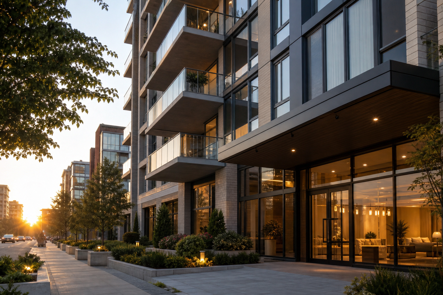 A modern mid-rise condo building exterior shot from street level at golden hour, showing balconies and a glass-fronted lobby — conveys the aspirational appeal the article will then pressure-test.