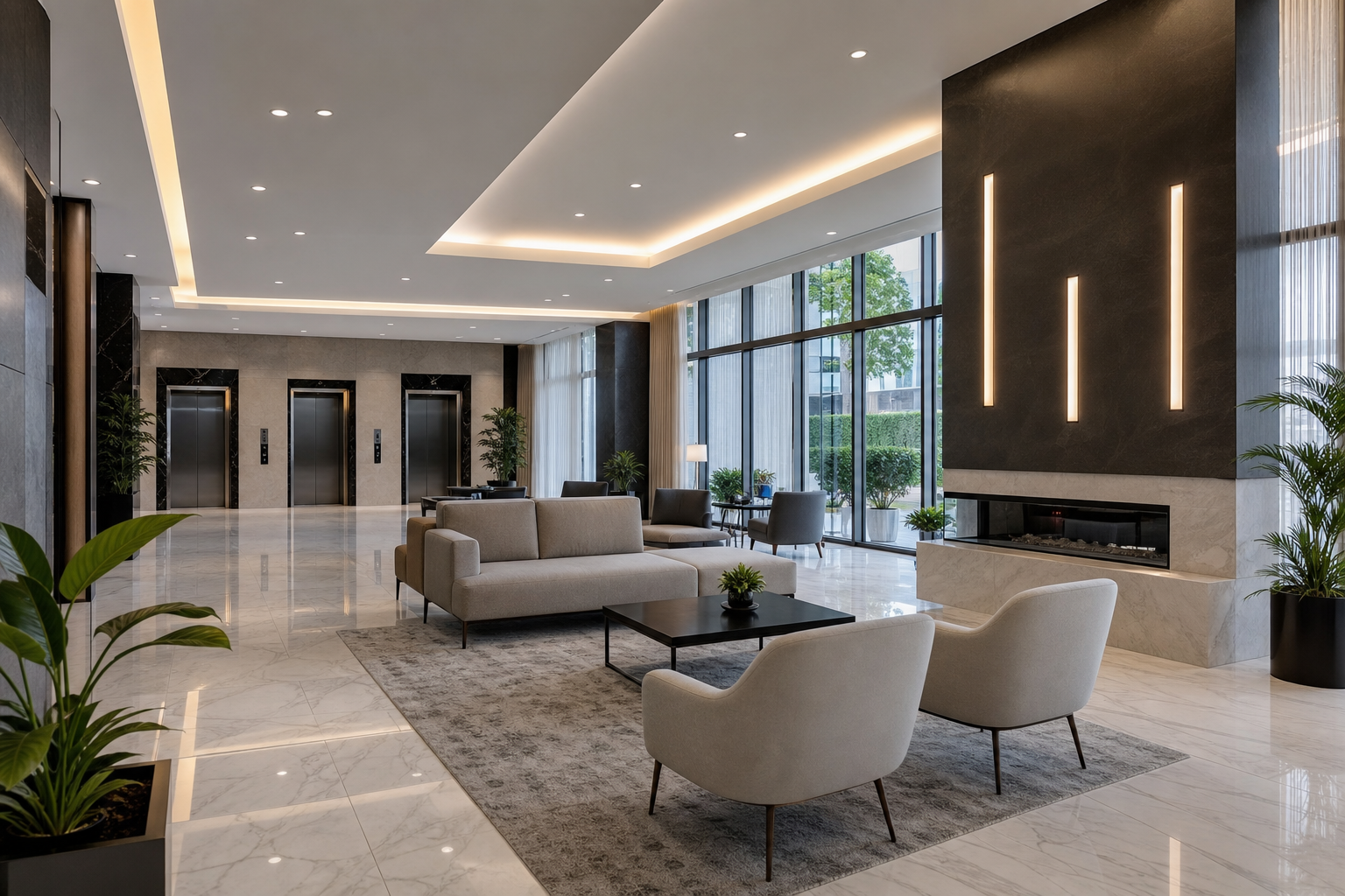 A modern condo building's shared amenity area — a clean rooftop pool deck or marble lobby with seating — to ground the "this is what your dues pay for" point.