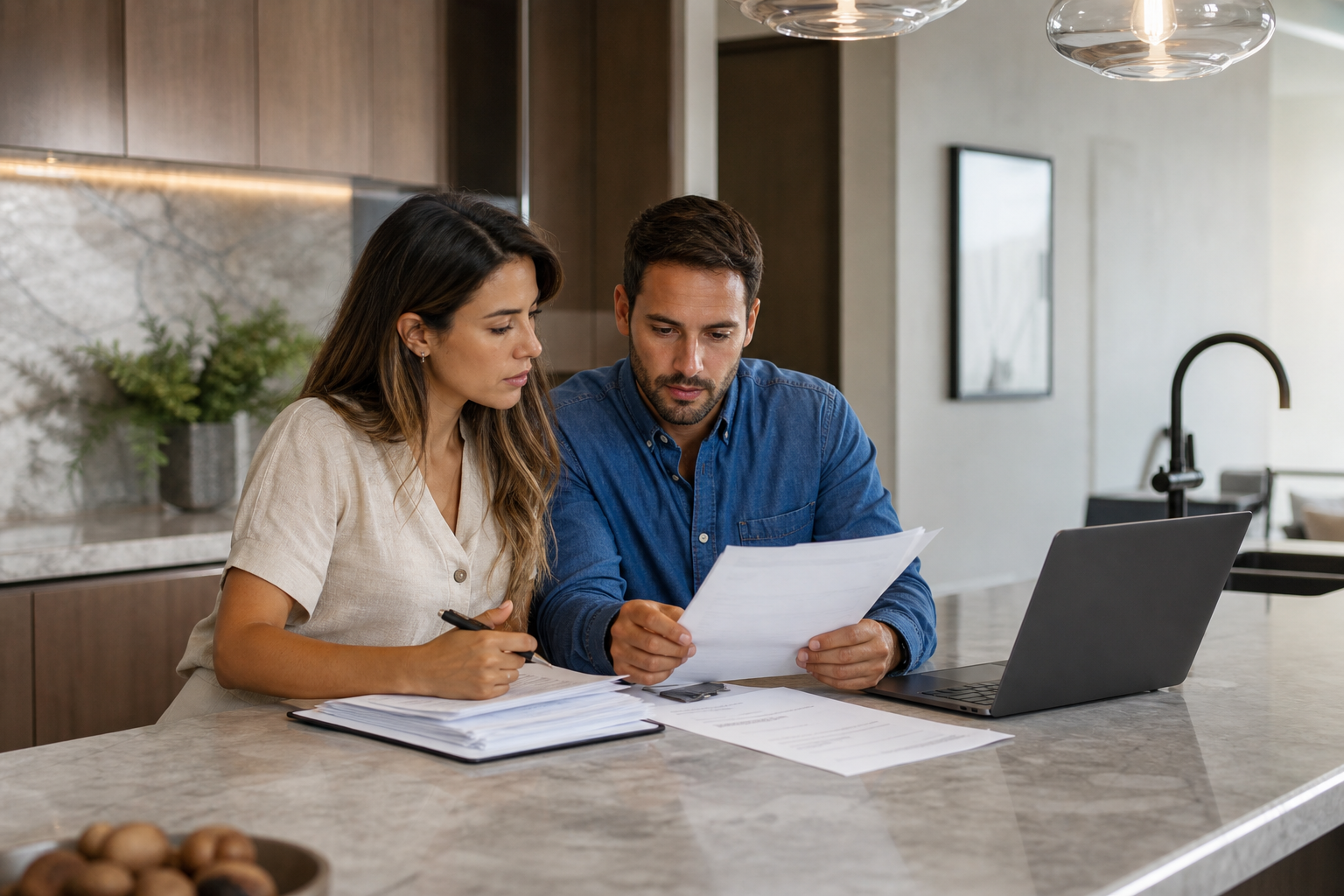 A buyer and agent reviewing a stack of documents at a bright kitchen island inside a condo, laptop open — conveys warrantability due diligence.