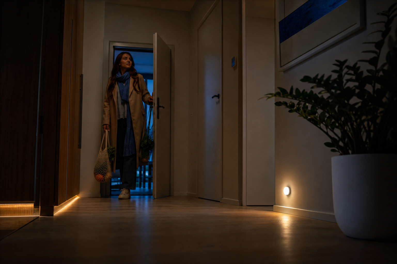 A dimly lit modern Warsaw apartment hallway at night, soft warm light just beginning to glow near the floor/ceiling as a person enters with shopping bags — shot from a low, slightly wide angle to show both the darkness and the gentle illumination.