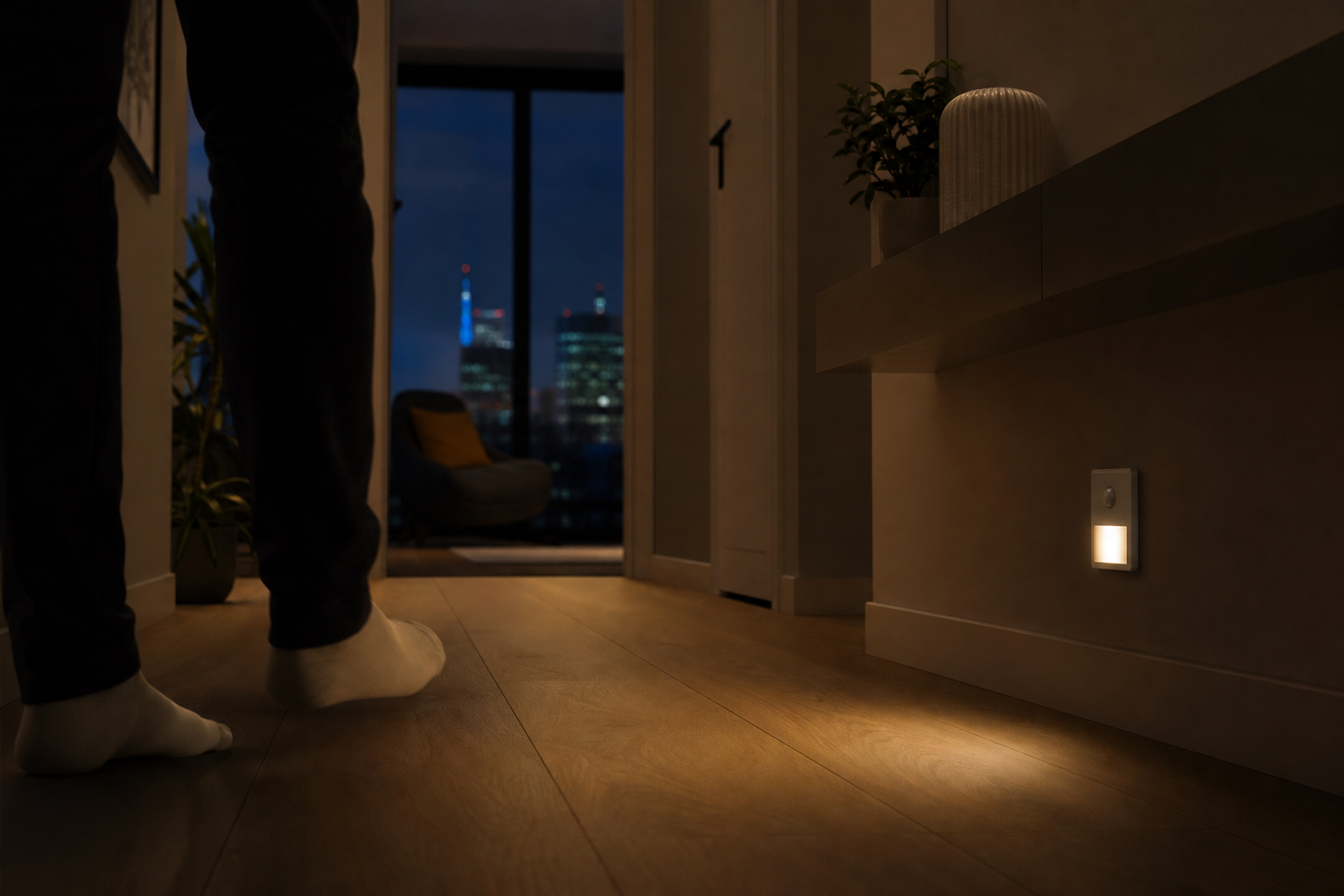 Realistic interior shot — a dark Warsaw apartment hallway with a soft, low-glow light gently turning on as a person's foot enters frame; warm color temperature, evening atmosphere.