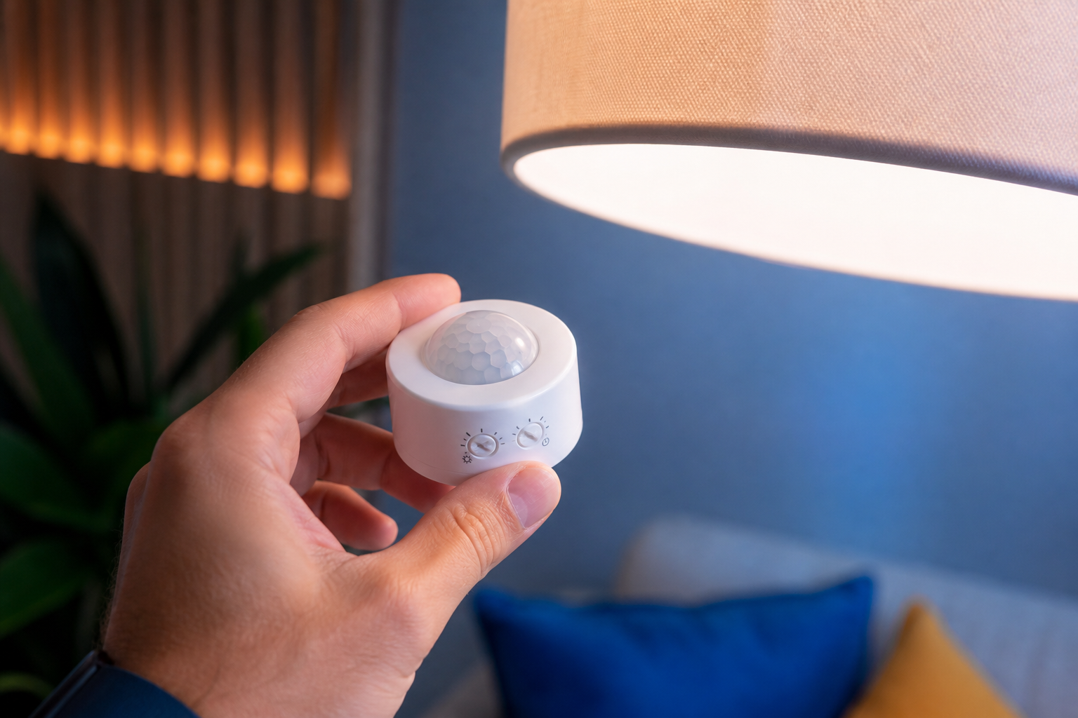 Close-up product shot — a small Zigbee motion/presence sensor held in a hand next to a ceiling lamp, showing physical scale and the adjustment dials/buttons.