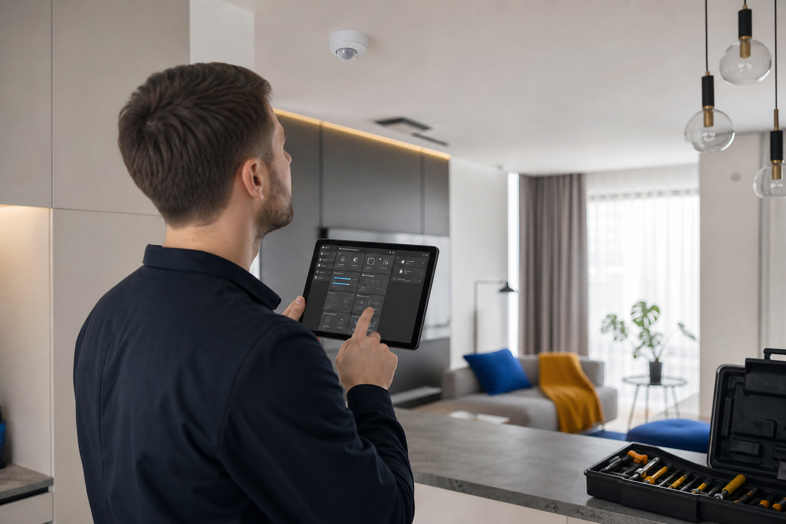 Installation scene — a technician configuring a motion sensor / Home Assistant dashboard on a tablet inside a bright modern apartment, sensor visible on the ceiling in the background.