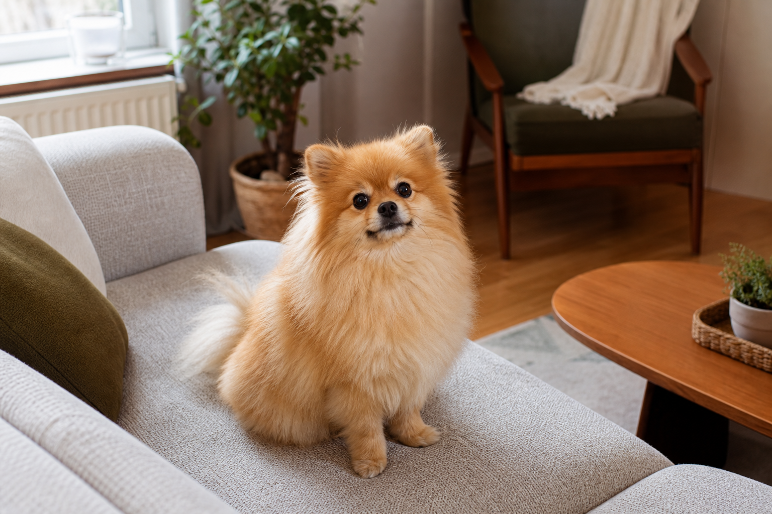 A fluffy adult Pomeranian sitting alertly on a sofa in a cozy Turkish apartment living room, looking up at the camera — warm natural light, eye-level angle, showing the dog's small scale against everyday furniture.