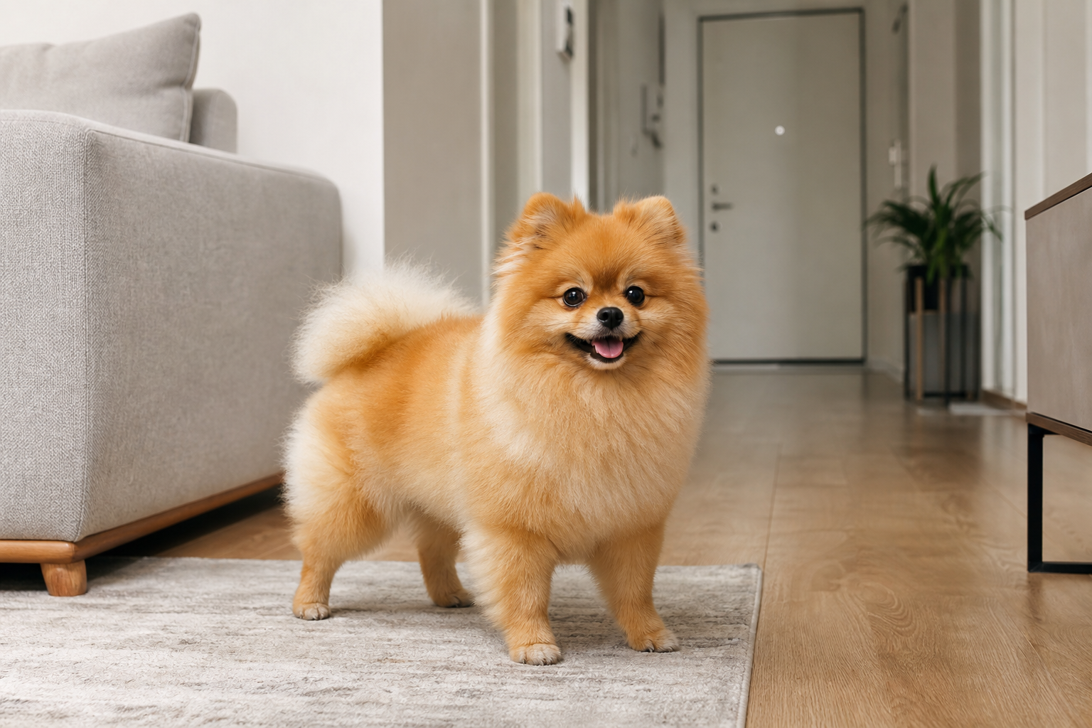 Lifestyle shot of an adult Pomeranian standing alert/playing in a Turkish apartment setting (next to a couch or hallway) — emphasizes indoor scale and the dog's lively posture.
