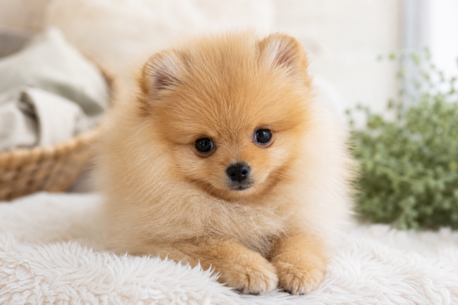 Close-up of a healthy 8–12 week old Pomeranian puppy — clear bright eyes, clean dense coat, alert expression — as a visual reference for "healthy."