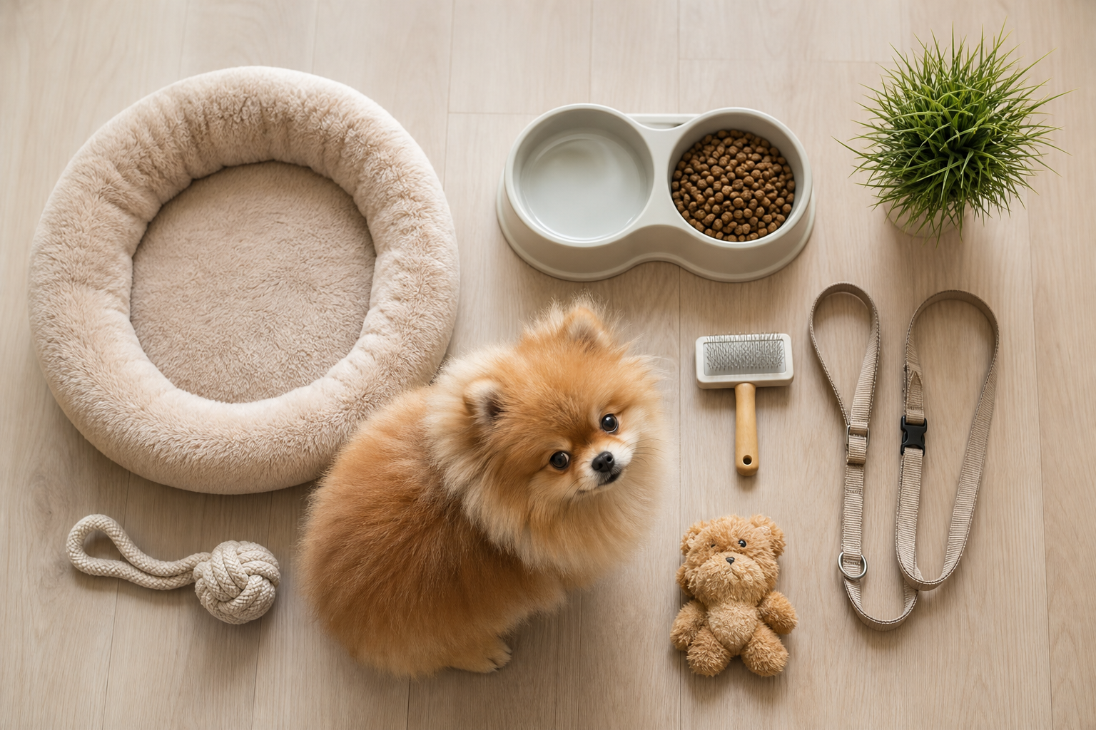 Flat-lay of starter essentials on a clean floor — mama/su kabı, yumuşak fırça, tasma, oyuncak, yumuşak yatak — neatly arranged, top-down angle.