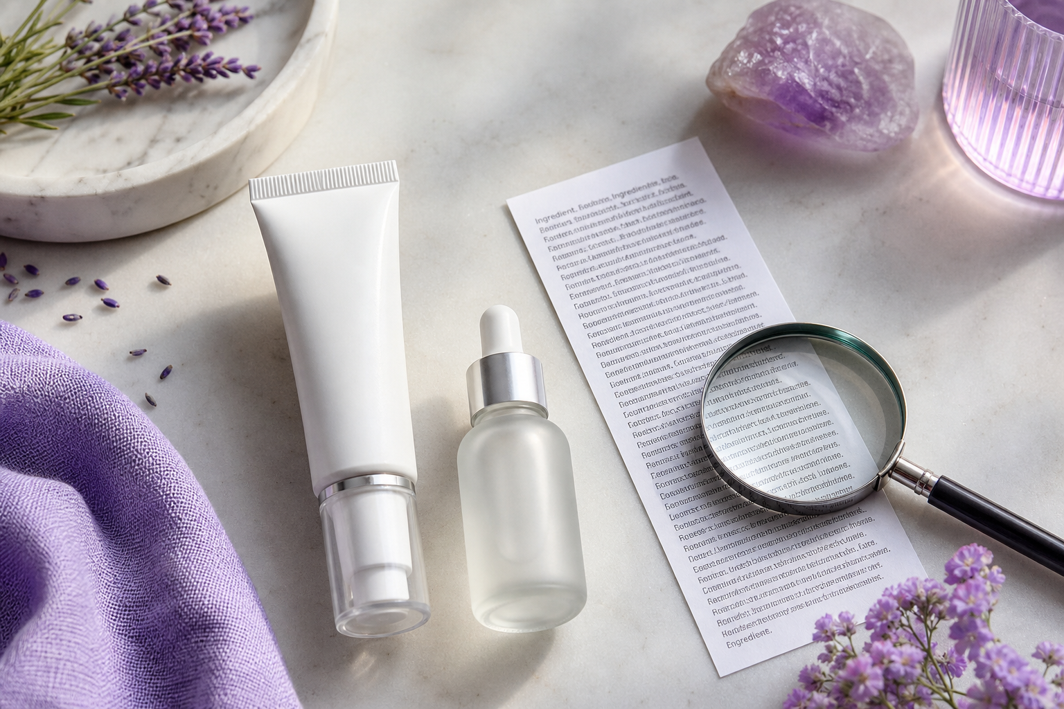 Flat-lay overhead shot of a white cosmetic serum tube and dropper bottle on a clean stone surface, beside a printed ingredient-label strip and a small magnifying glass resting on the text. Soft daylight, neutral palette. Illustrative — not the actual