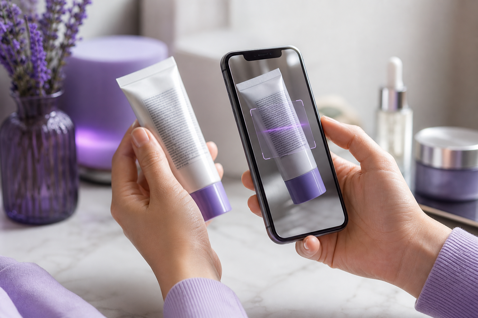 Close-up of hands holding a smartphone aimed at a cosmetic product label, app-scanner overlay implied, retail or bathroom-counter setting, shallow depth of field.