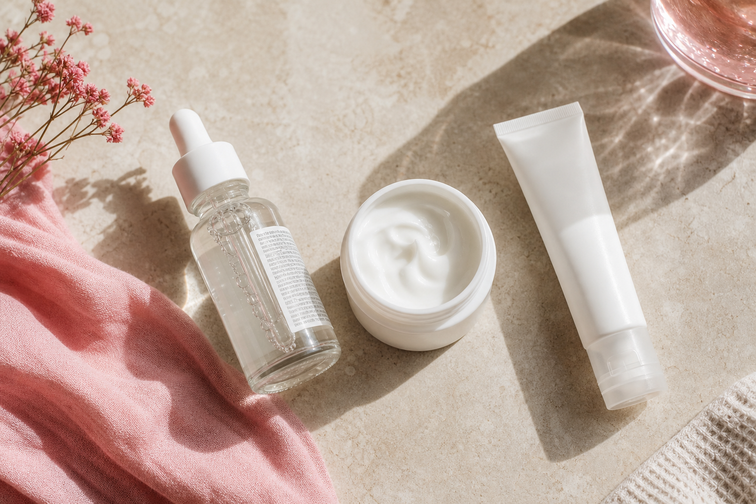 A clean, bright flat-lay of three niacinamide products (a clear serum dropper bottle, a white moisturizer jar, a lightweight lotion tube) arranged on a neutral stone or linen surface, soft natural light from the left, one bottle turned to faintly sho