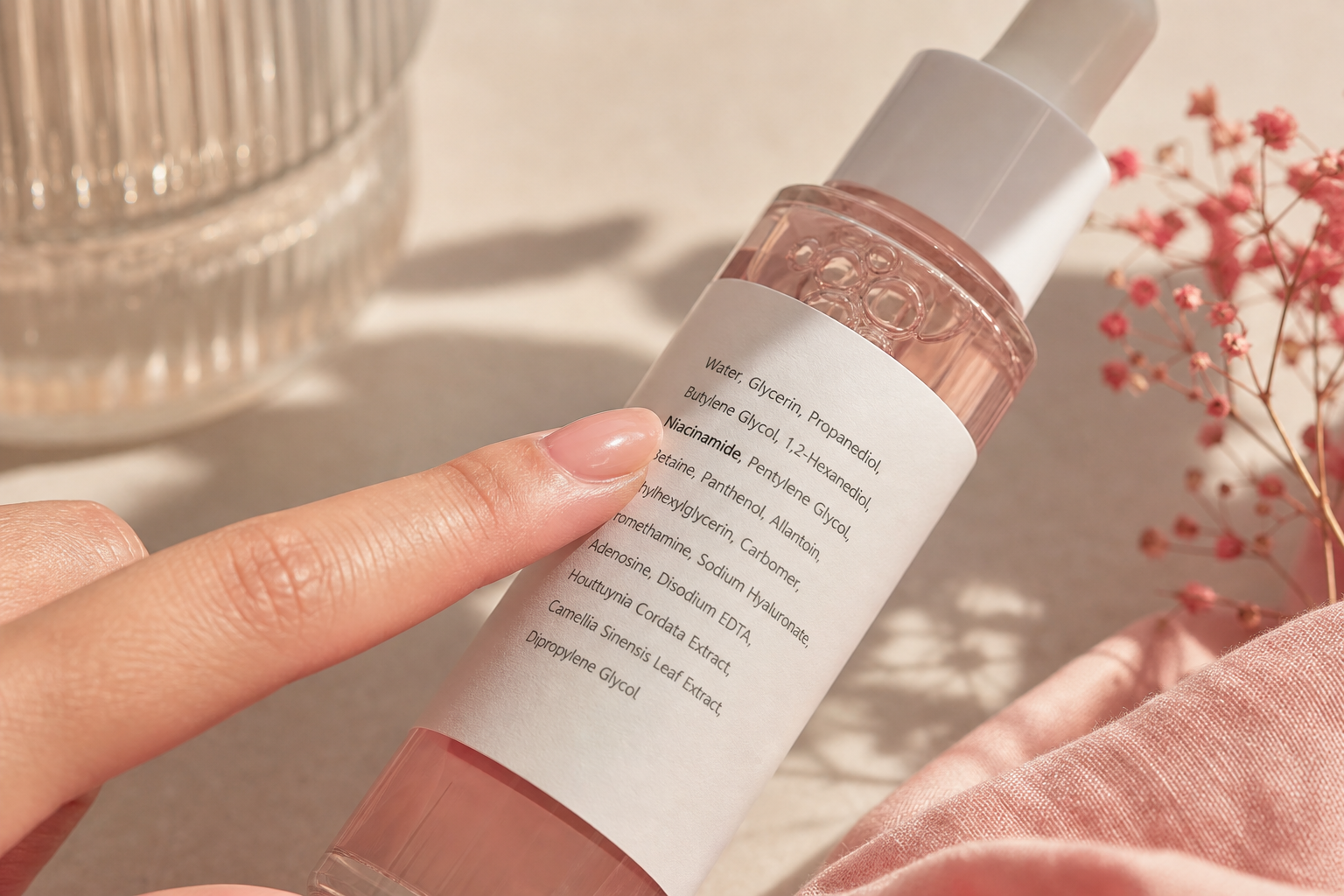 Tight macro close-up of a serum bottle rotated to show the printed ingredient list, finger lightly pointing near where "Niacinamide" appears, neutral skin-tone background, soft shadow.