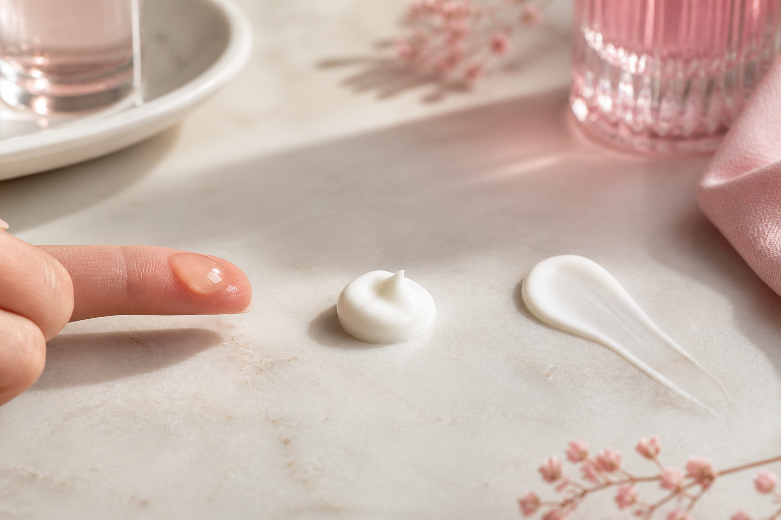 Lifestyle shot showing three product textures side by side — a single serum drop on a fingertip, a small swirl of cream, and a thin lotion smear — to illustrate format variety. Clean, well-lit.