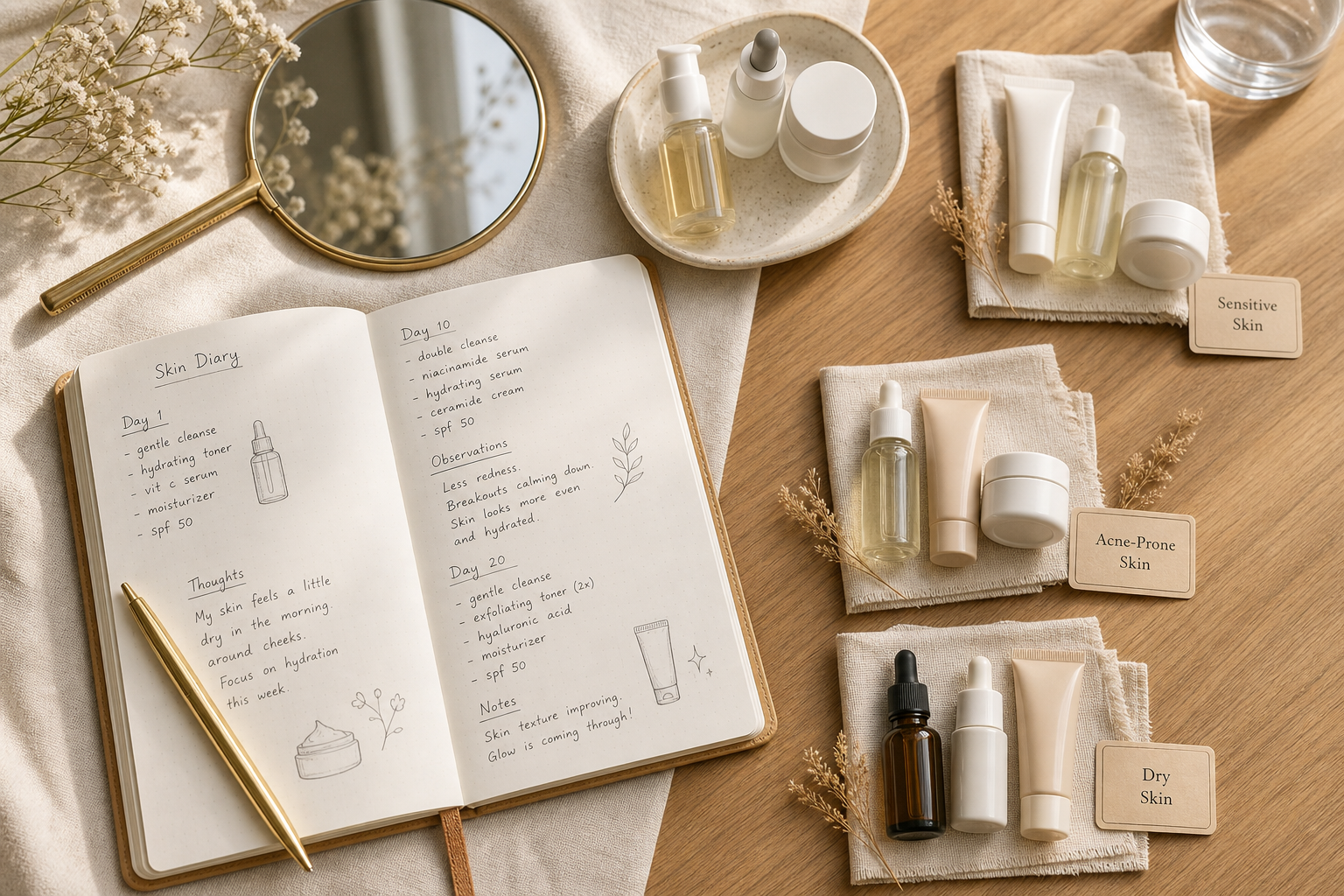 Flat-lay of a "skin diary" notebook open with handwritten notes, a small handheld mirror, and a few labeled product samples grouped into clusters by skin type; warm wood or linen surface, top-down angle.