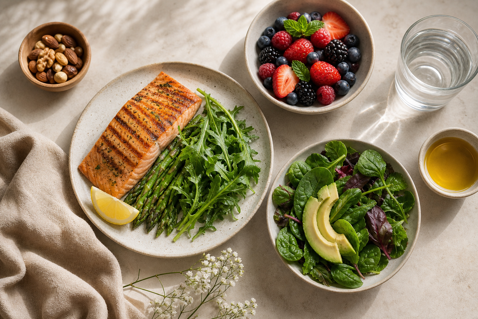 Naturally styled (not stocky) overhead of skin-supportive foods — grilled salmon, mixed berries, leafy greens, olive oil, and a glass of water — on a real kitchen surface with soft daylight.