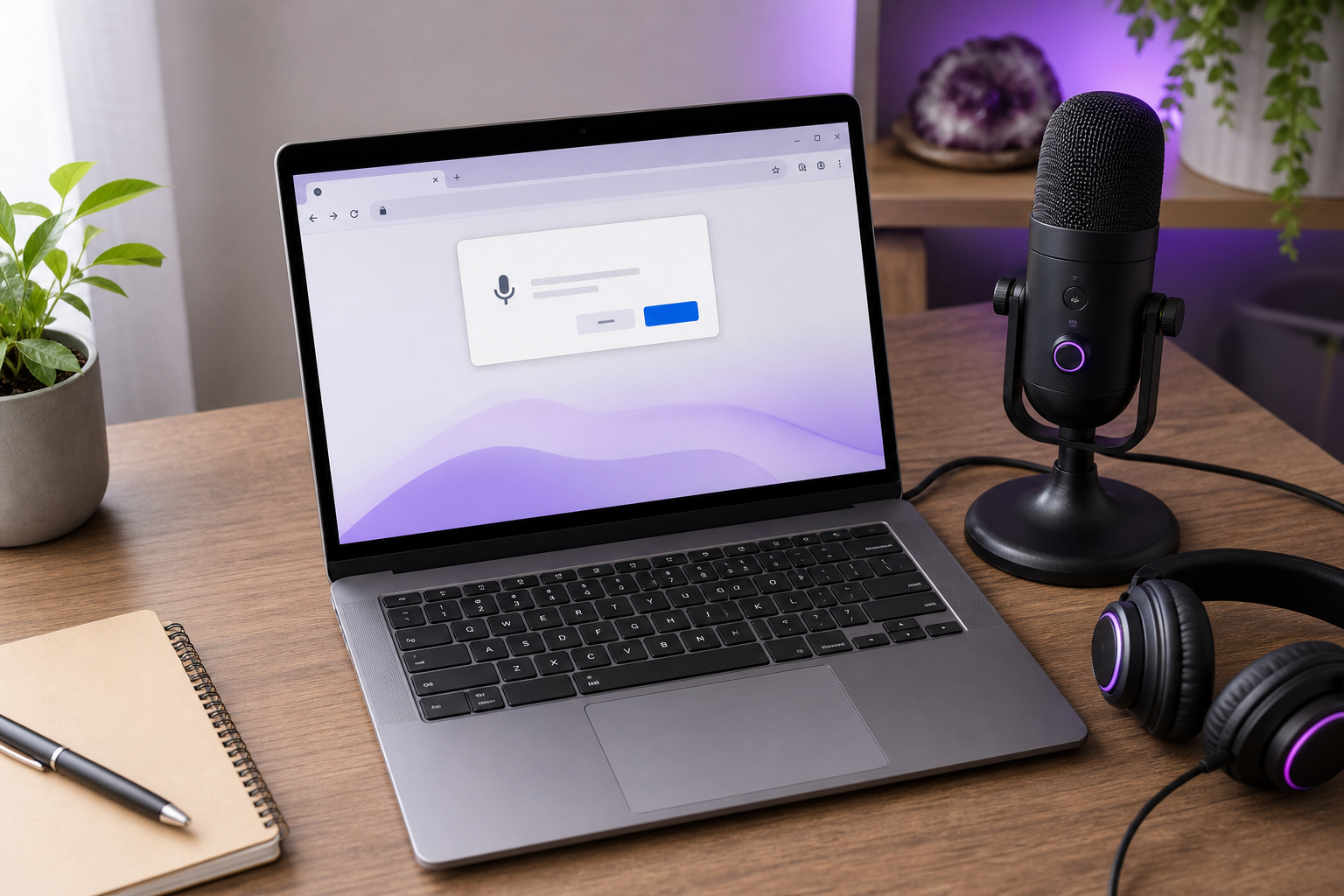 A Chromebook on a desk, lid open, screen showing a Chrome browser with a microphone-permission prompt visible; a USB mic or headset beside it; clean, well-lit creator-desk angle from slightly above.