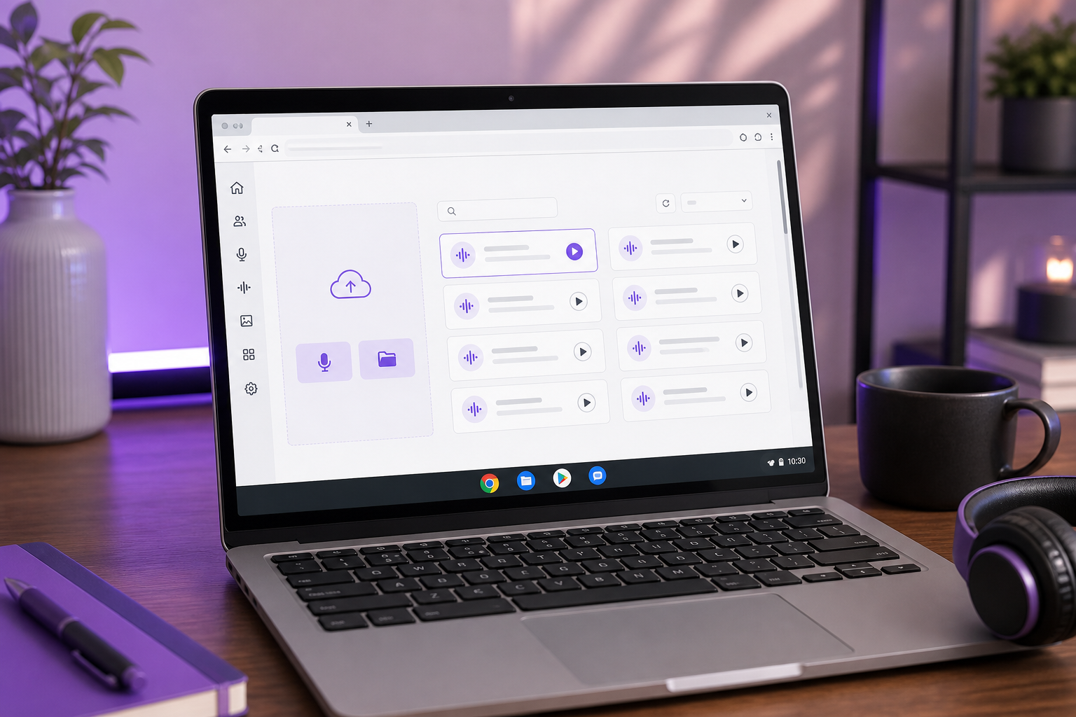 Screenshot-style shot of a browser-based voice changer interface open in a Chrome tab on a Chromebook — voice library and upload/record buttons visible.