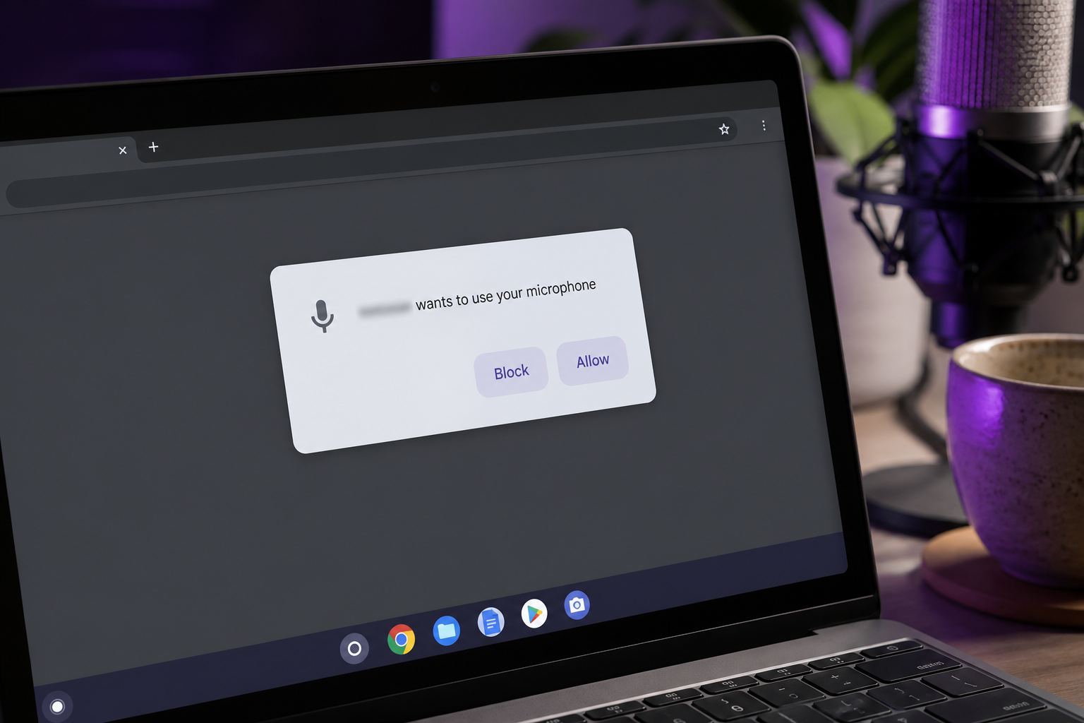Close-up of the ChromeOS/Chrome microphone permission prompt ("[site] wants to use your microphone — Allow / Block").