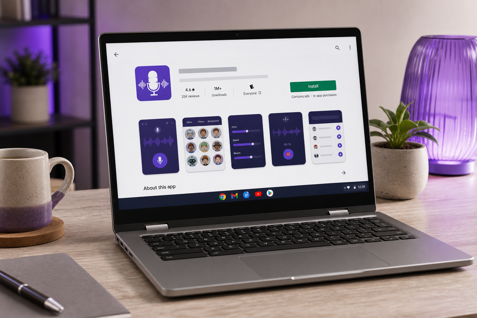 Chromebook screen showing the Google Play Store with a voice changer app install page open.