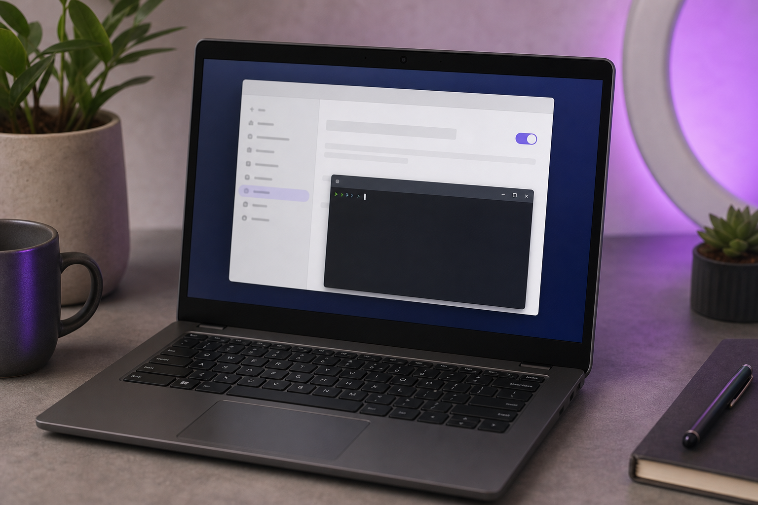 Chromebook screen showing the ChromeOS Settings "Turn on Linux" toggle (or the Linux terminal window open).