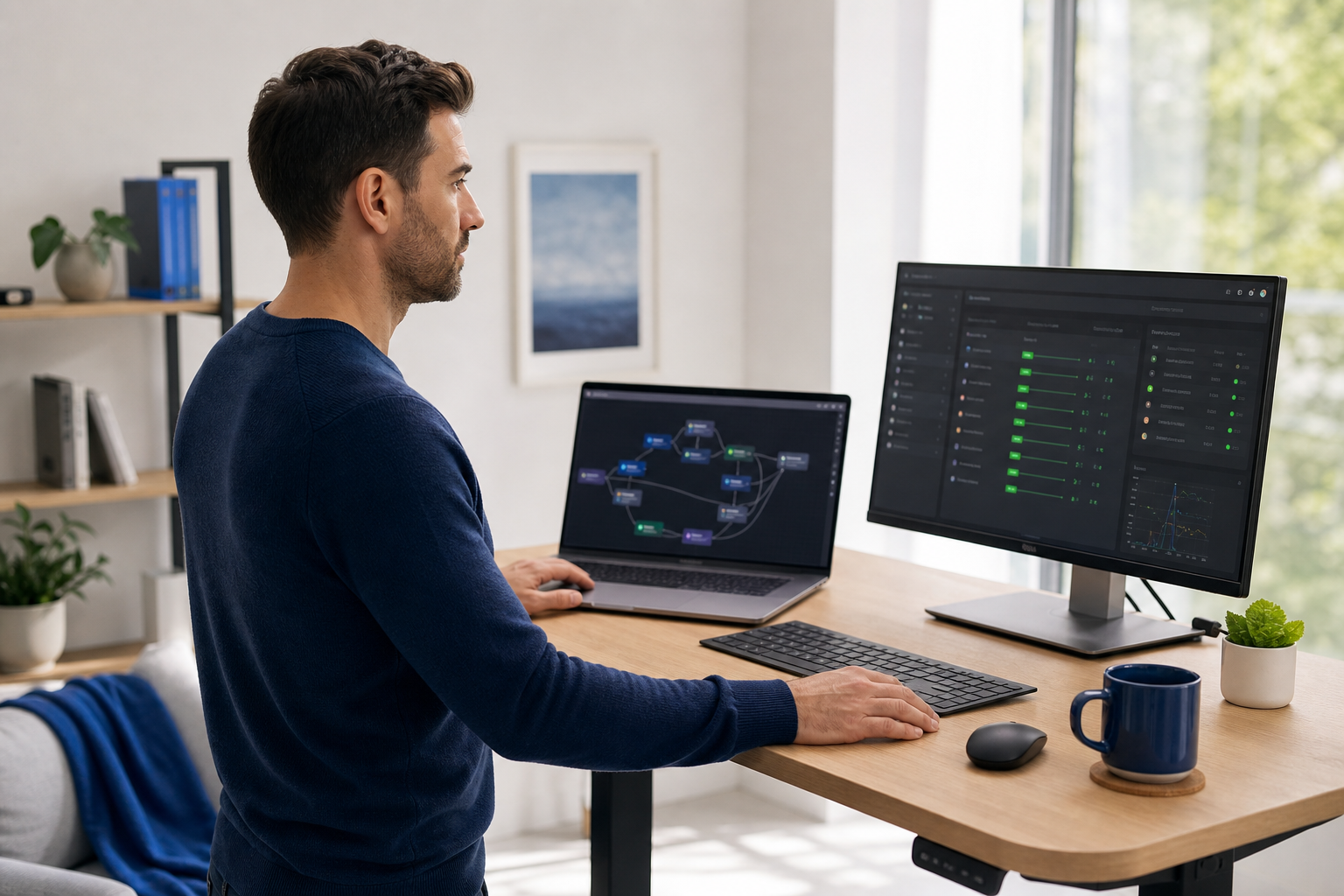 A professional in their 30s at a standing desk, mid-action, glancing between a laptop showing a node-based automation workflow and a second monitor showing a dashboard with green status indicators. Bright modern home office, slightly elevated three-q