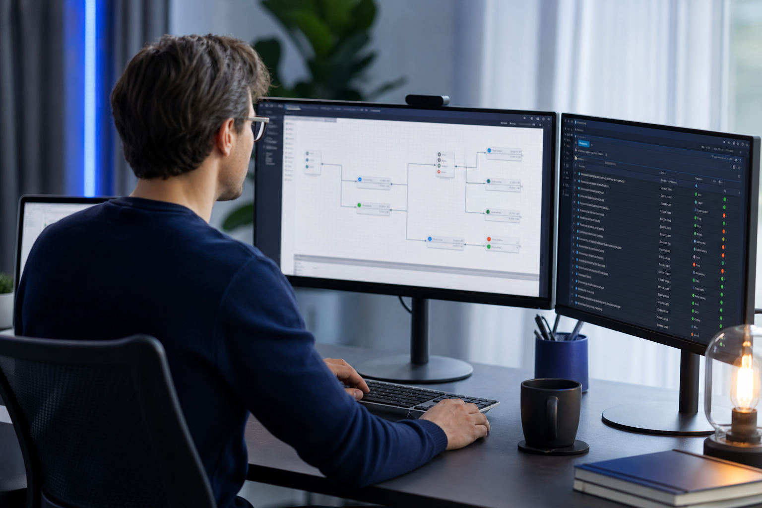 A person at a multi-monitor workstation reviewing an automation dashboard — one screen showing a flowchart-style workflow canvas, another showing run logs/status. Over-the-shoulder angle. Grounds the abstract role list in a concrete scene.