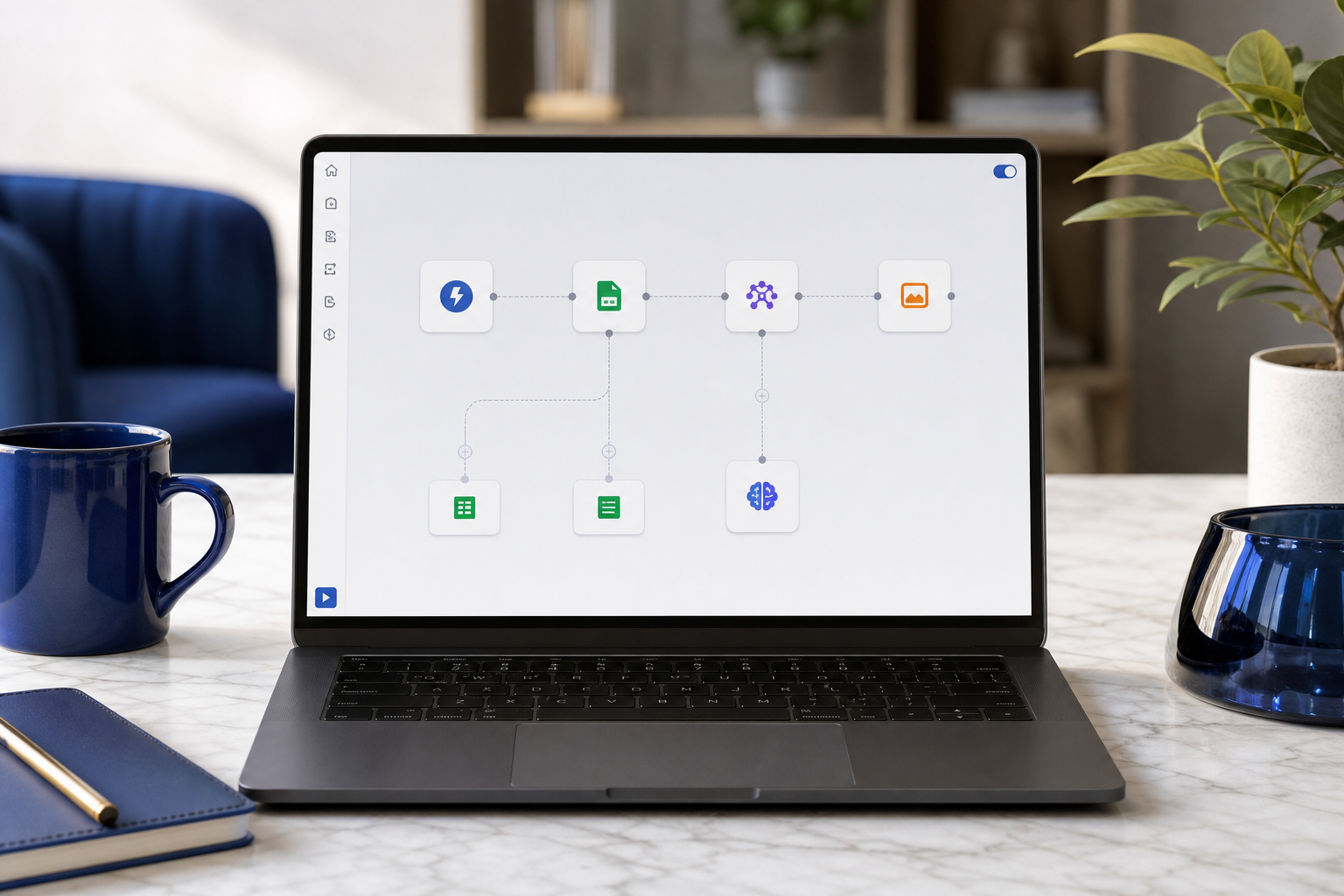 Screen-capture-style flat shot of a no-code workflow builder canvas — connected nodes (trigger → action → AI step → output), clean UI. Looks like an actual portfolio piece, showing readers concretely "what a portfolio case study looks like."