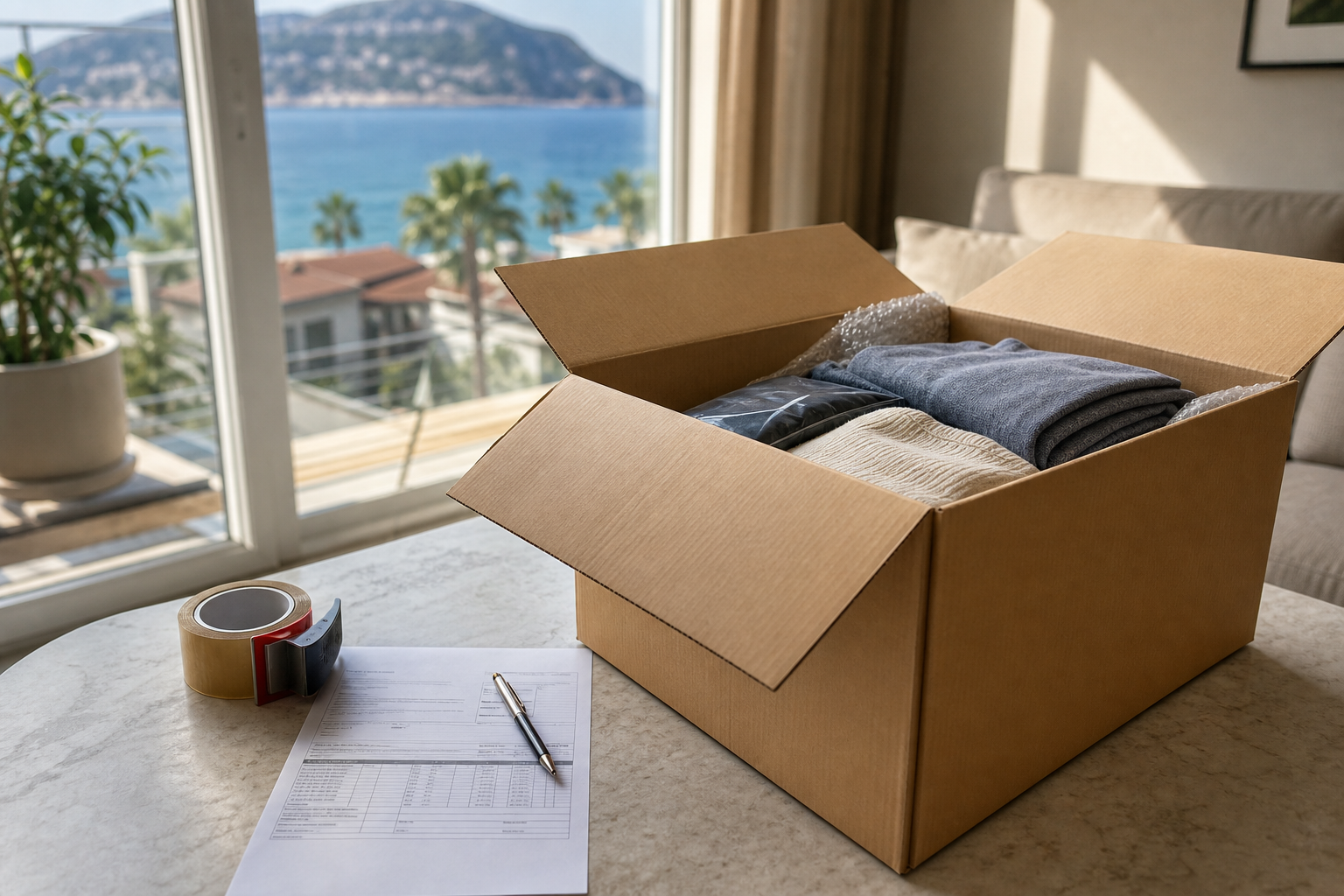 A cardboard shipping box partially packed on a table in a sunlit Alanya apartment, with a roll of tape and a printed invoice beside it; warm Mediterranean light through the window, shallow depth of field. Angle: slightly elevated, looking down at the