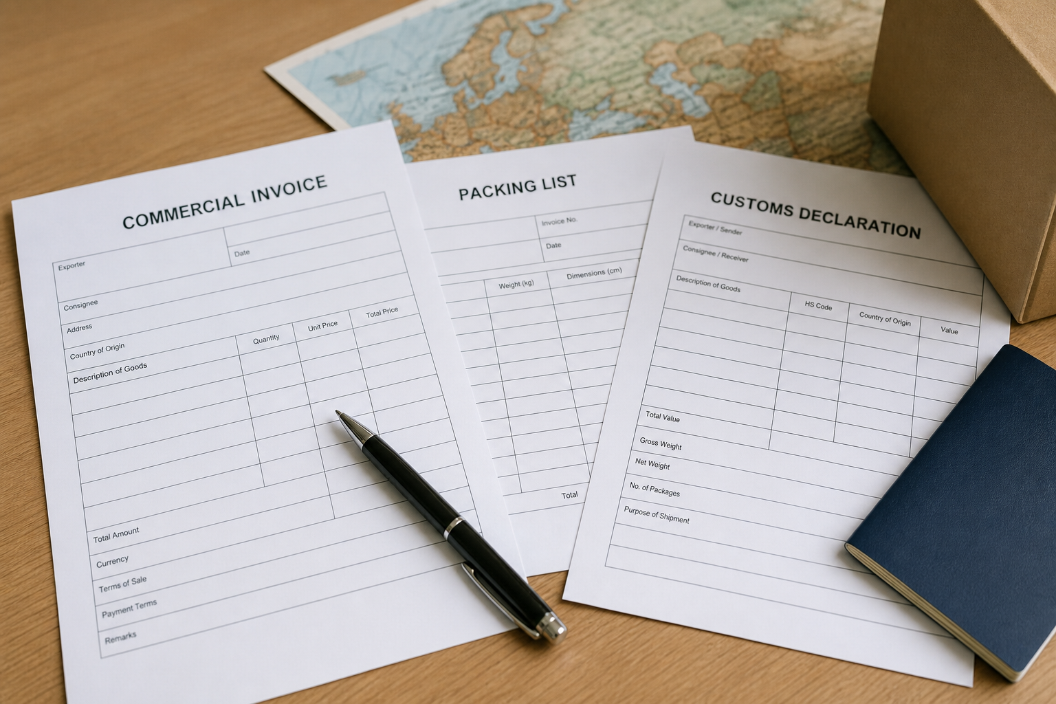 Flat-lay (top-down) of shipping documents neatly arranged on a desk — a printed commercial invoice, a packing list, and a customs declaration form, with a pen and a passport corner visible. Clean, organized, professional lighting.