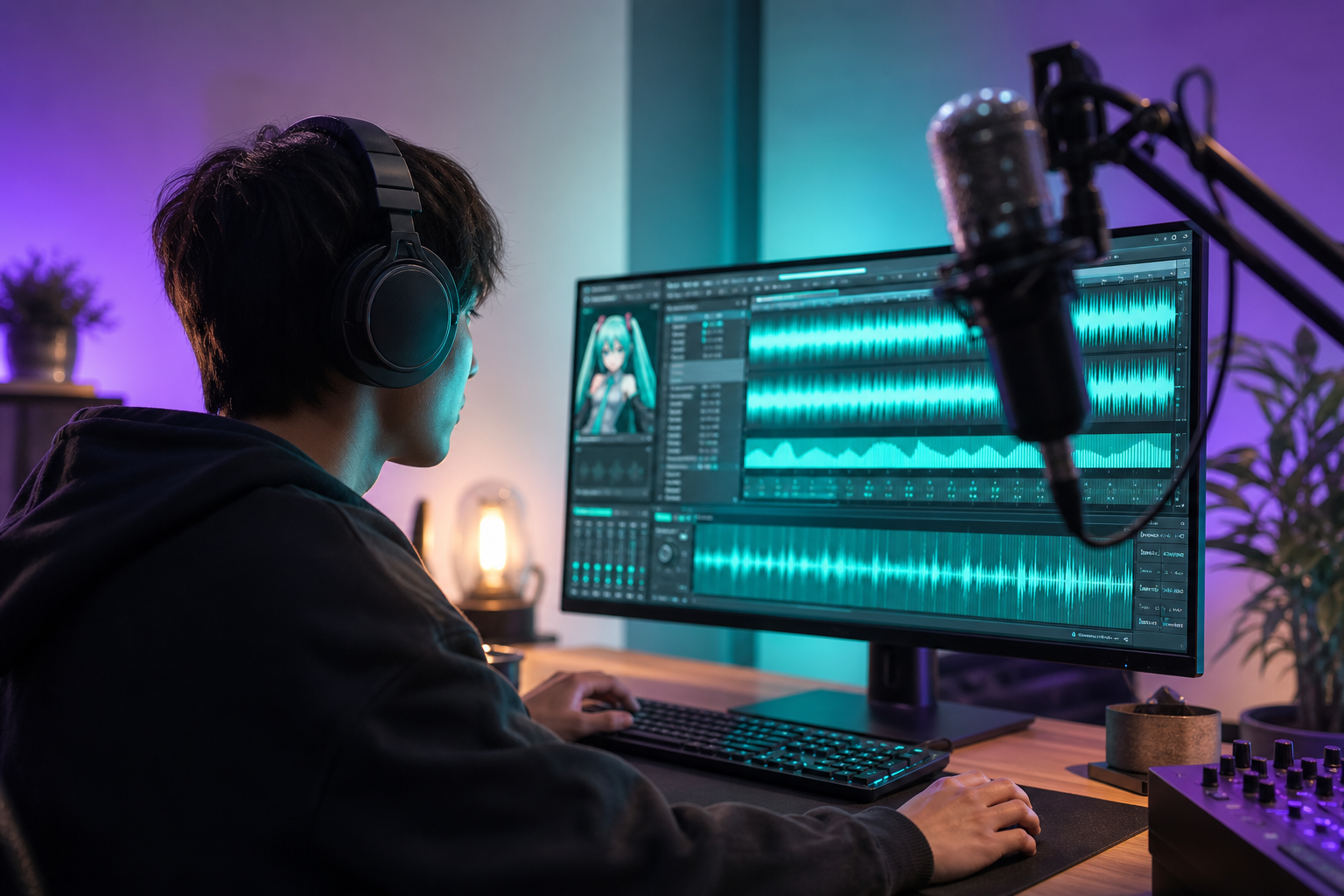 A creator at a desk wearing headphones, a DAW/waveform editor on a large monitor with a bright teal-toned interface visible, a microphone on a boom arm in soft focus foreground. Angle: slightly over the shoulder, screen glow lighting their face. Cool