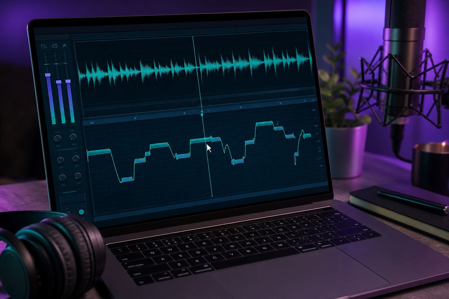 Close-up of an audio waveform / EQ and pitch-tuning panel on screen, cursor mid-edit, teal accent lighting.