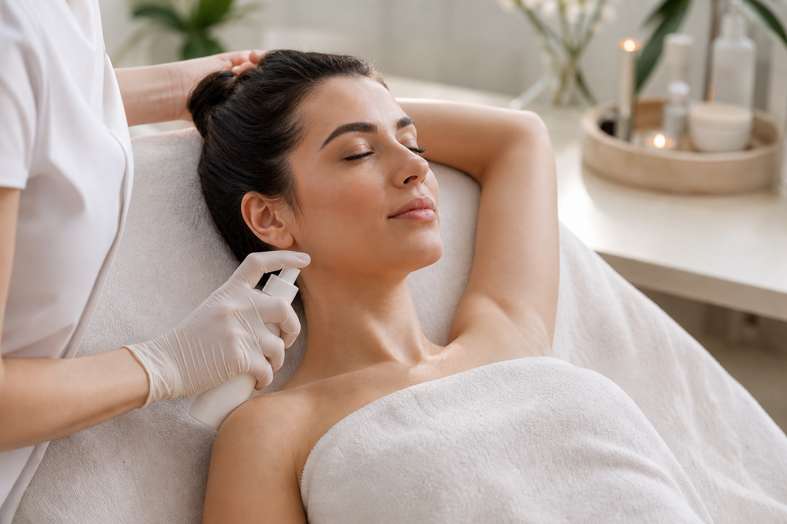 Yumuşak, güven veren kadraj — seans sonrası yatıştırıcı serum/krem uygulanan cilt, doğal ışık, sakin spa atmosferi. Wellness-ritüel marka tonunu destekler.