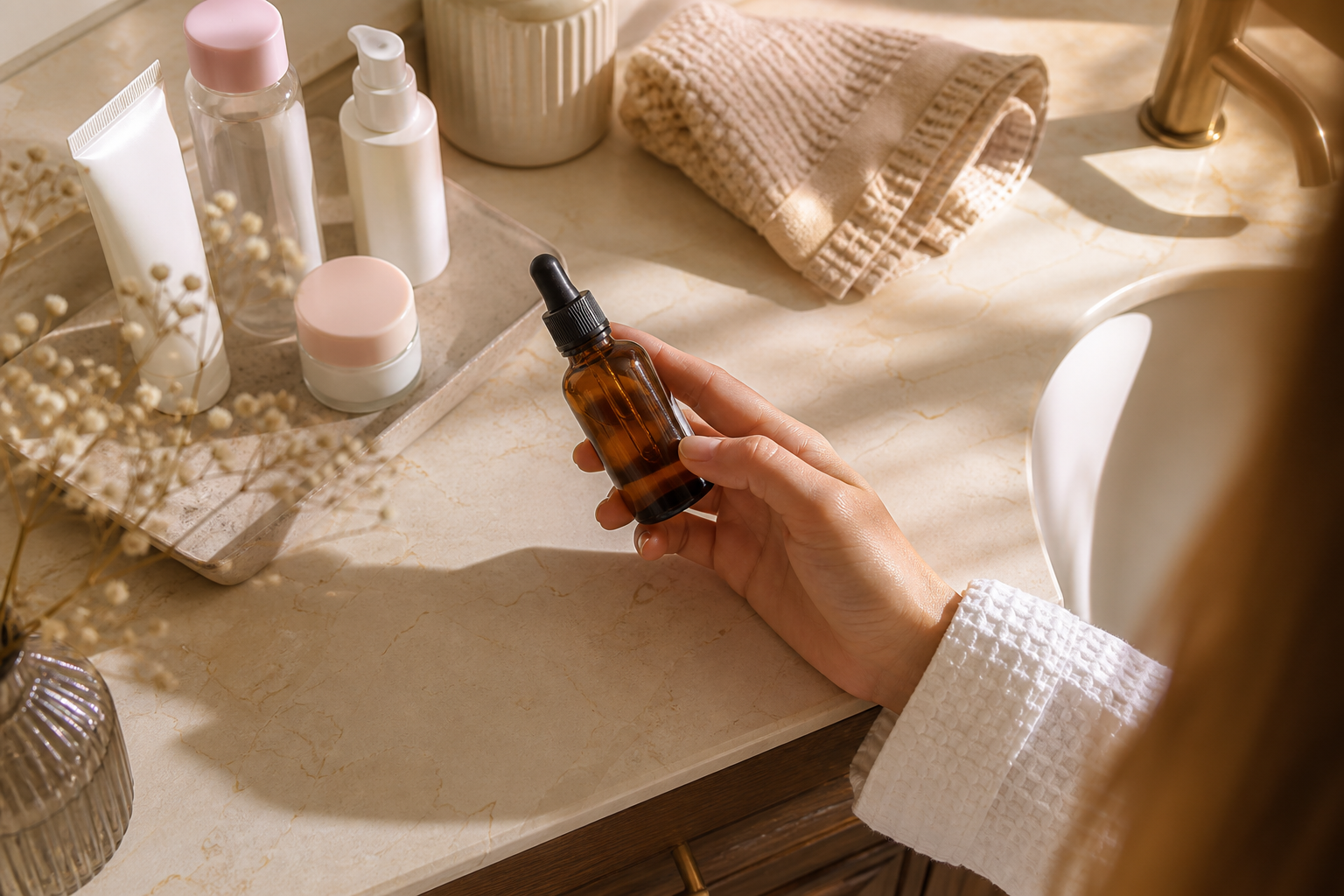 A clean, warm-lit overhead shot of a bathroom counter mid-decision — a few drugstore products pushed to one side, one unlabeled amber-glass dropper bottle held in a person's hand under soft natural light. Conveys "the choice moment," not a 