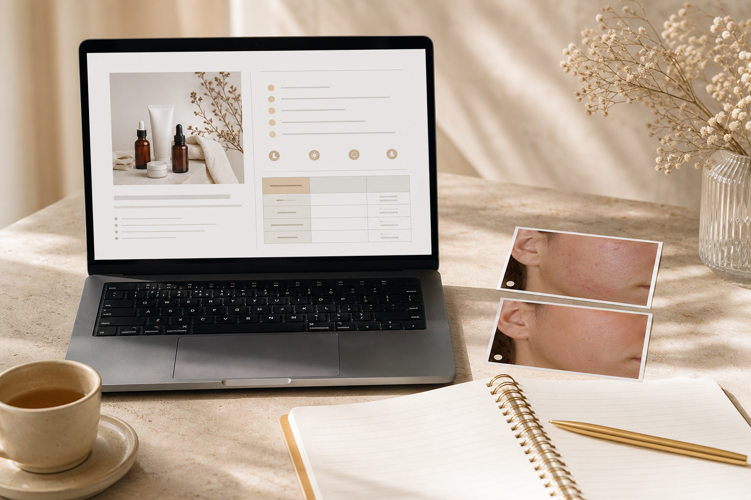 A laptop or tablet on a desk showing a personalized treatment-plan layout, beside two submitted skin-photo thumbnails and a notebook — conveys "remote consultation in progress," warm and professional, no faces required.