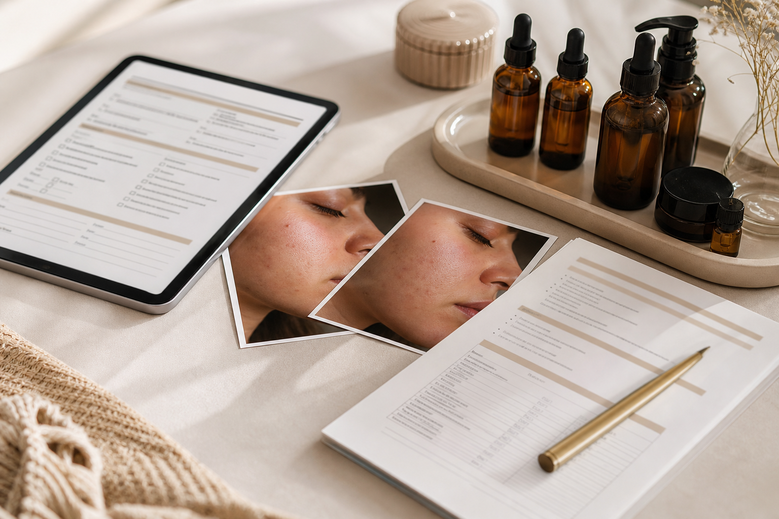 Flat-lay of consultation materials — a printed/onscreen intake form, two skin-photo prints, a written treatment plan, and a small lineup of amber-glass medical-grade bottles, arranged on a clean neutral surface, warm soft light.