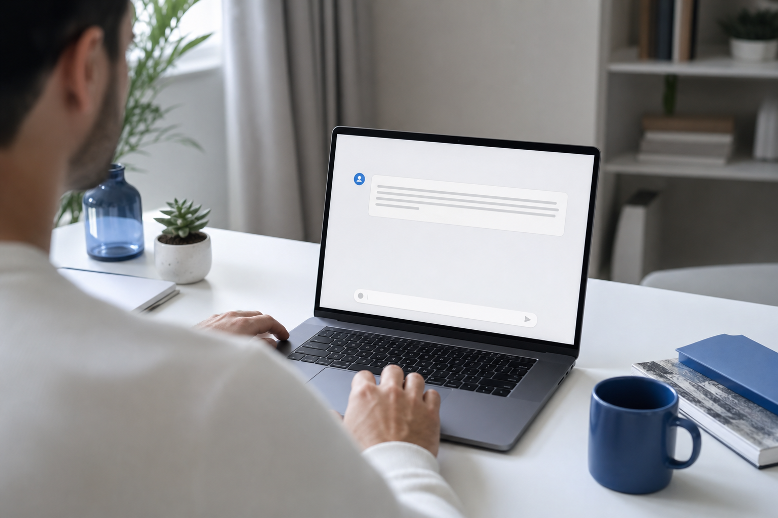A person at a laptop in a clean home-office setting, screen showing a minimalist AI chat answer interface with a single text response and no list of blue links. Shot slightly over the shoulder, soft natural light. Represents the zero-click moment.