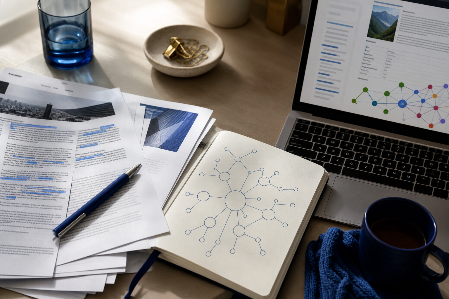 Flat-lay workspace from above — printed articles with brand mentions highlighted, a notebook with a hand-drawn knowledge-graph diagram (nodes and lines), a laptop edge showing a Wikidata or LinkedIn profile. Warm desk lighting, suggests deliberate au