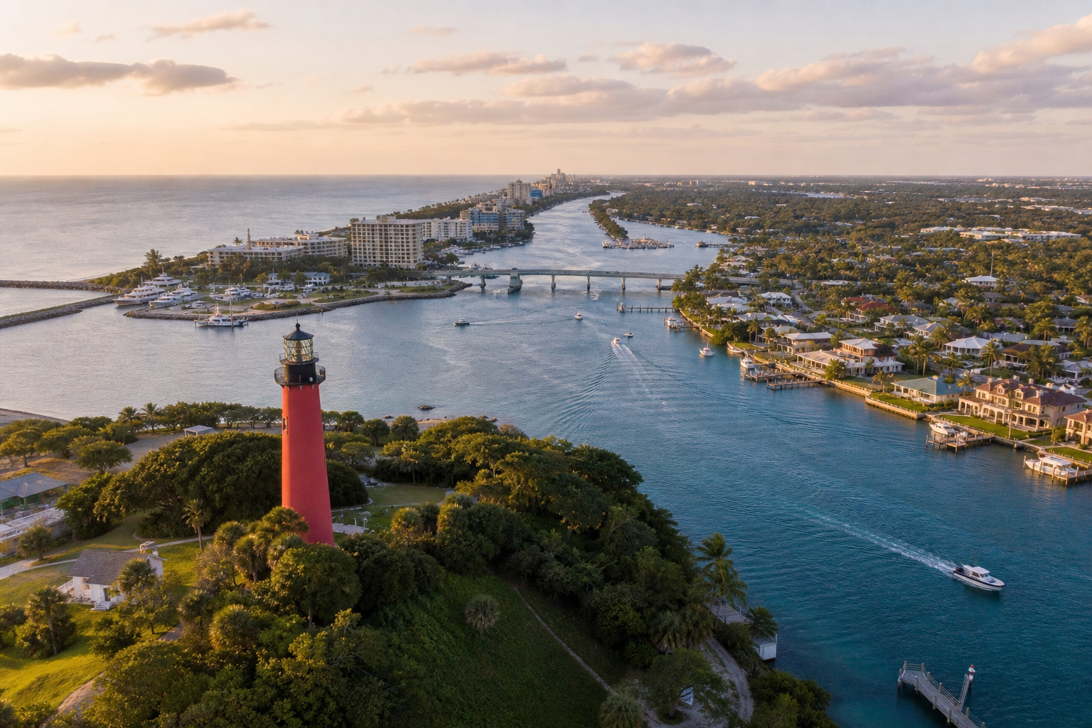 Wide aerial of the Jupiter Inlet with the red-and-white Jupiter Lighthouse, intracoastal waterway, and waterfront homes lining the canals at golden hour. Shot from above, looking inland.