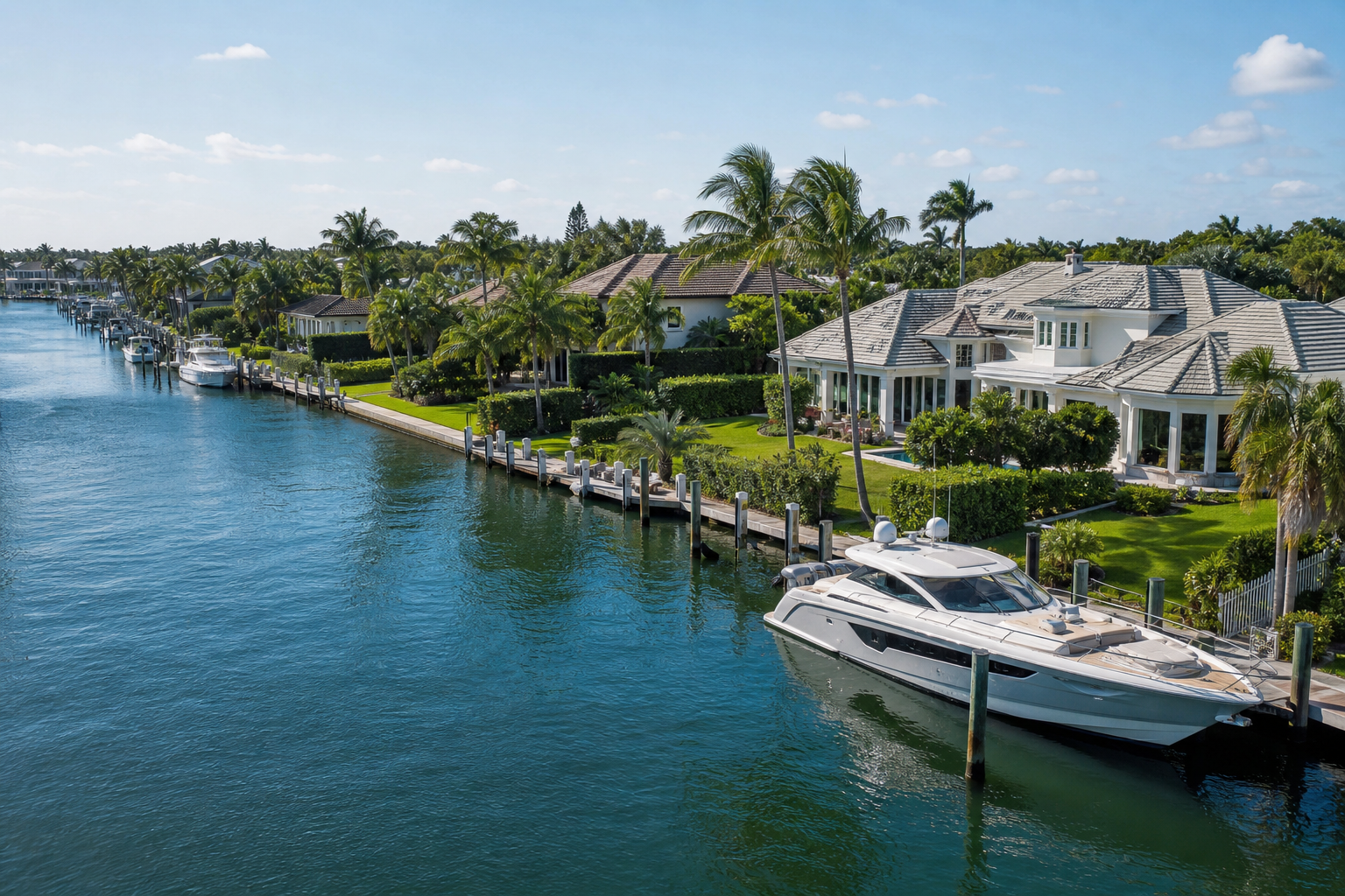 Lifestyle aerial of Admirals Cove or a Jupiter canal community — manicured homes with private docks and boats along an intracoastal canal, palm trees, blue water.