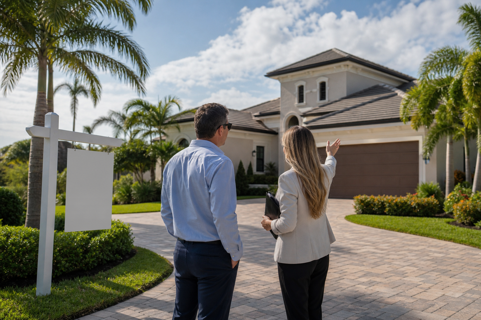 A buyer and agent standing at the entrance of a Jupiter single-family home or beside a "For Sale" sign, framed by palm trees and a paver driveway, warm daylight.