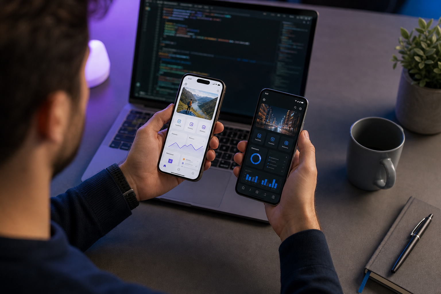 Developer at a desk holding two phones — an iPhone and an Android device — each showing a different app UI, screens facing the camera, slightly out-of-focus laptop with code editor in background. Mood: decision-making, evaluation. Shot at a slight ov