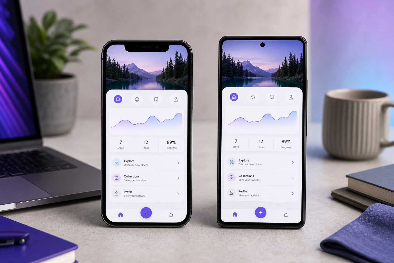 The same app's home screen displayed side-by-side on a physical iPhone (left) and Android phone (right), both propped on a clean desk, screens clearly readable, showing near-identical UI to illustrate the cross-platform rendering theme.