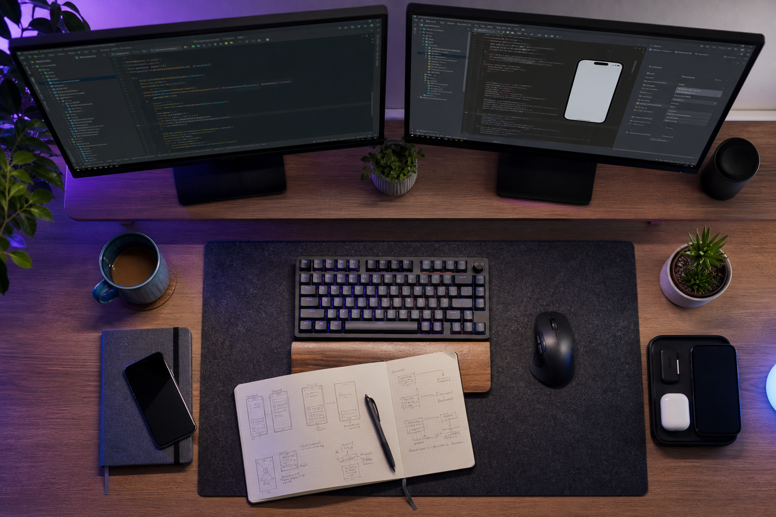 Flat-lay of a developer workspace — dual monitors showing Android Studio on one and Xcode on the other, a coffee mug, a notebook with sketches, mechanical keyboard, viewed from directly above. Humanizes the maintenance-grind theme.