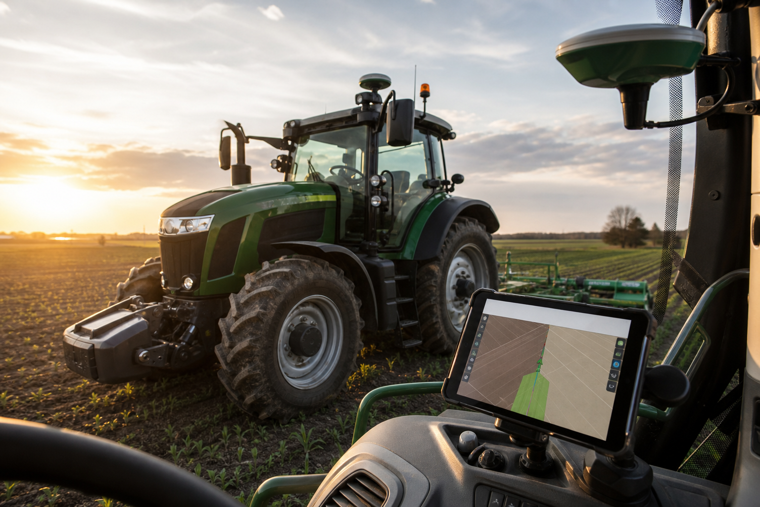 A modern tractor mid-field at golden hour, iPad mounted on the cab dash running a guidance screen, RTK antenna visible on the cab roof. Low front-quarter view showing both the machine in the field and the in-cab device.
