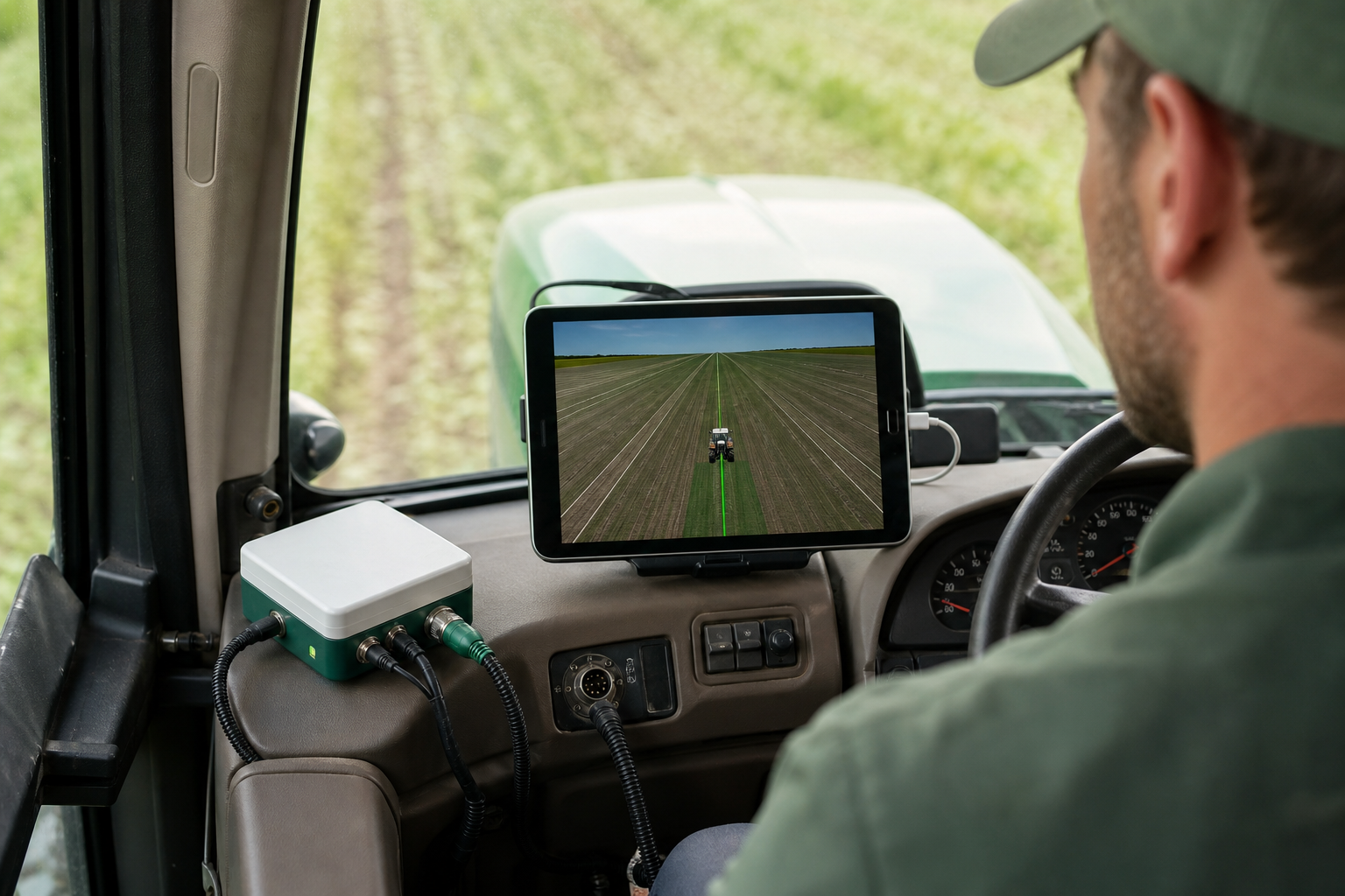 Close-up inside the tractor cab — autosteer hardware unit wired to the cab, iPad mounted on the dash running the guidance app, CAN bus connector visible. Over-the-shoulder angle from the operator's seat looking at the dash.